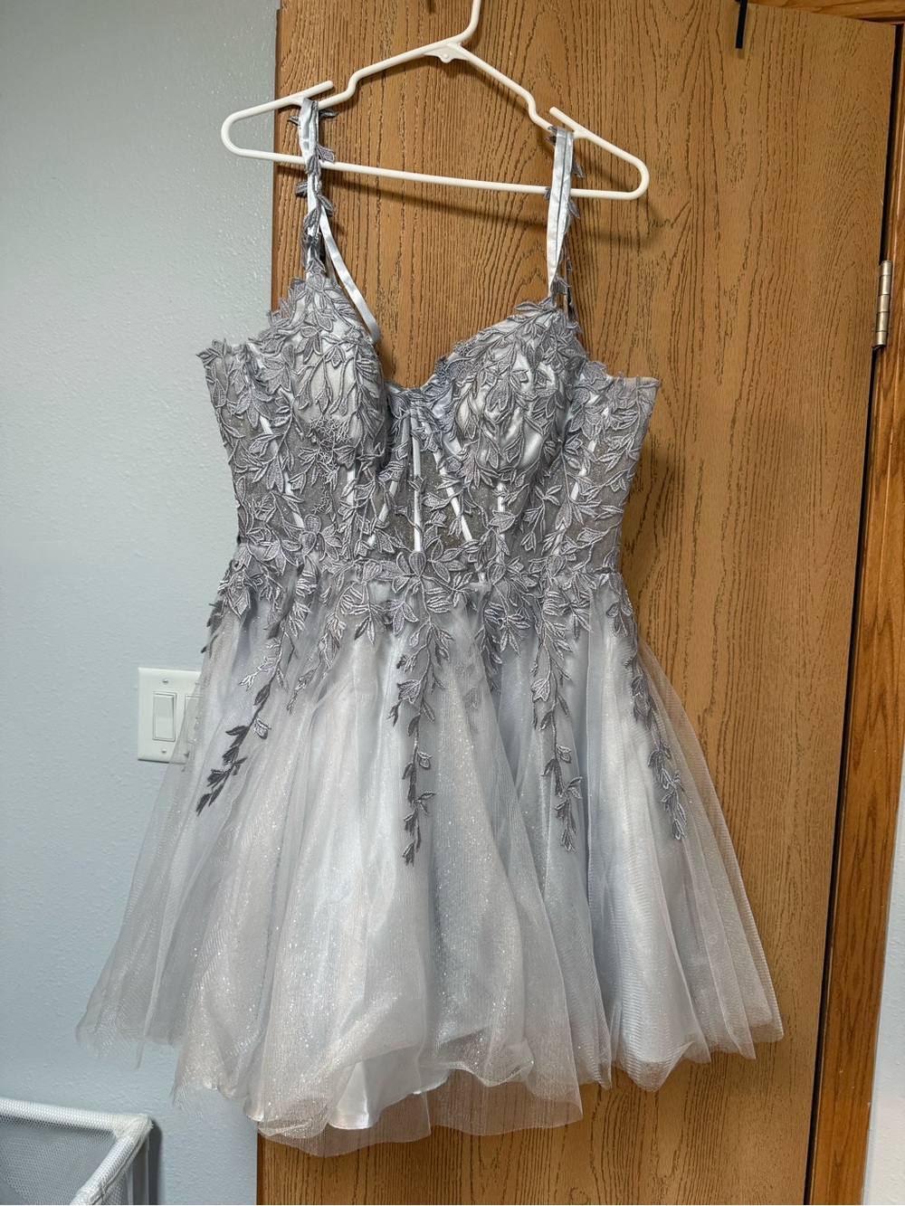 Silver Lace Appliqué Tulle Mini Dress - Homecoming dress